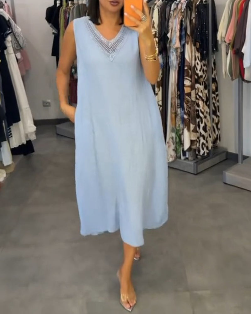 V-Neck Sleeveless Midi Dress