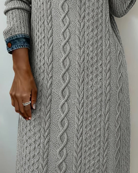 Denim cable knit patchwork collared dress