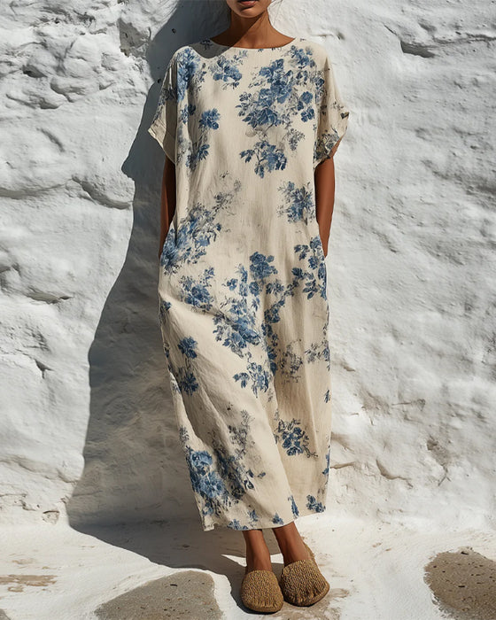 Crew Neck Vintage Blue Floral Dress