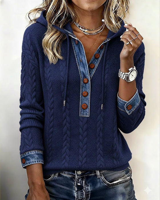 Color-Blocked Button Long-Sleeved Hooded