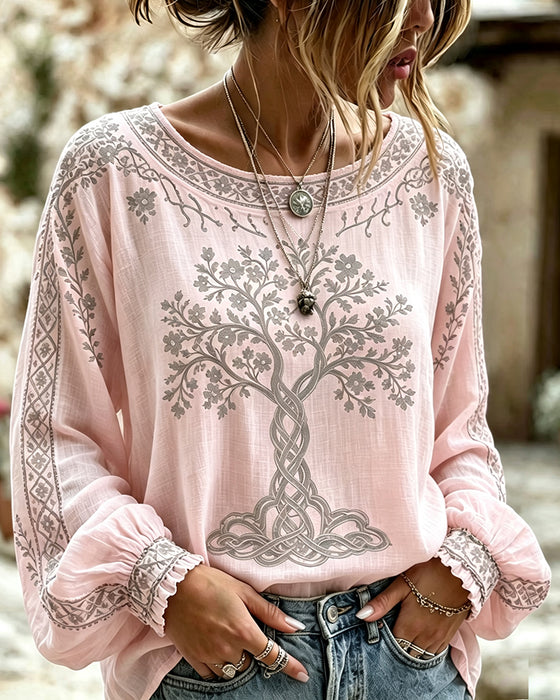 Crew Neck Tree Print Casual Blouse
