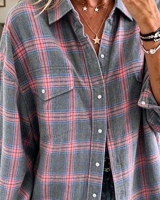 Pocket Plaid Long Sleeve Loose Shirt