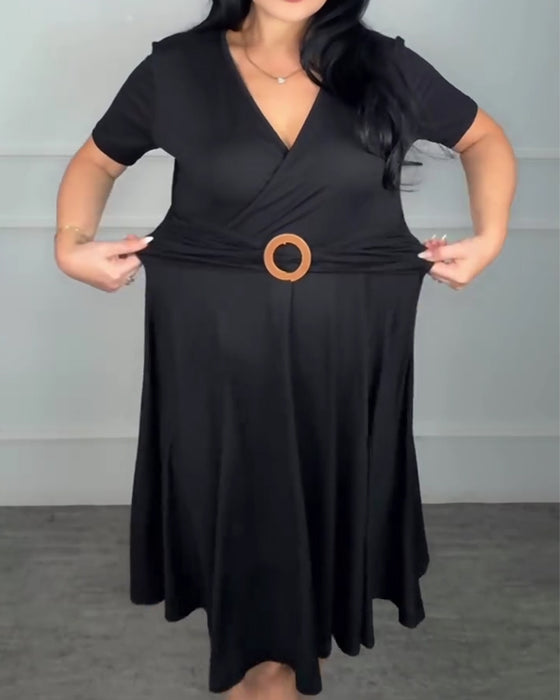 V-Neck Wrap Waist A-Line Dress
