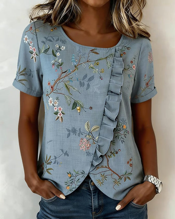 Crewneck Short Sleeve Ruffle Floral Blouse