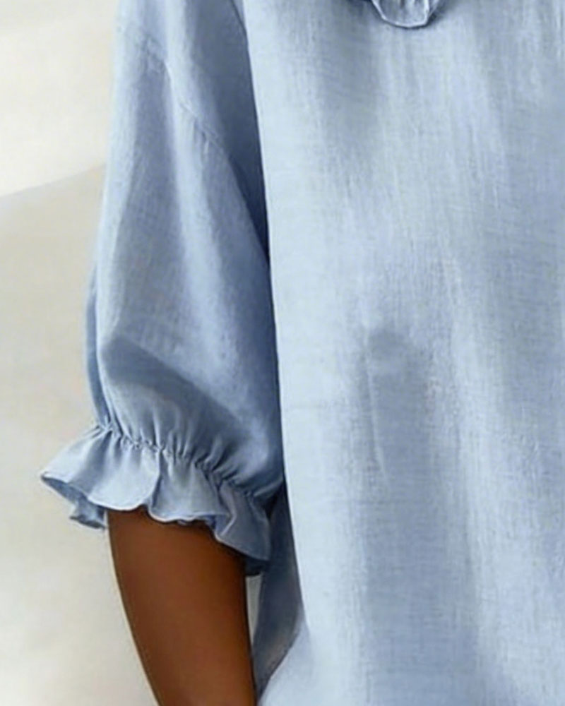 Peter Pan Collar Cotton Linen Ruffled Button-Front Shirt