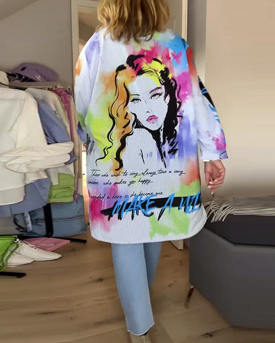 Portrait print fashion long sleeve shirt