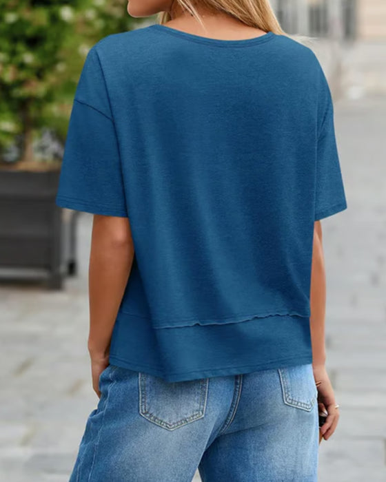 Solid V-Neck Patchwork Hem Blouses