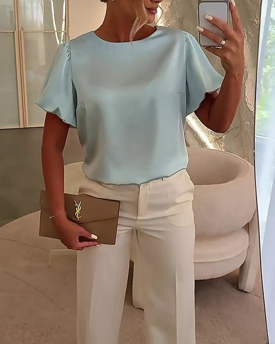 Satin Short-Sleeve Drape Blouses