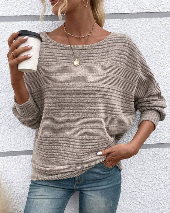 Solid Color Round Neck Long Sleeve Striped Top