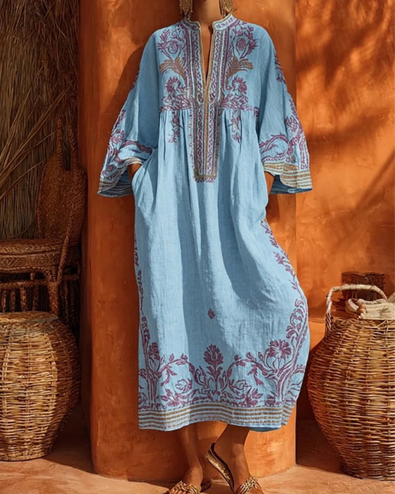 V-Neck Ethnic Print Loose Fit Dress