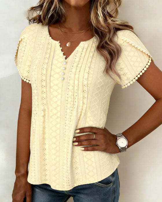 V-Neck Pearl-Button Lace Blouse