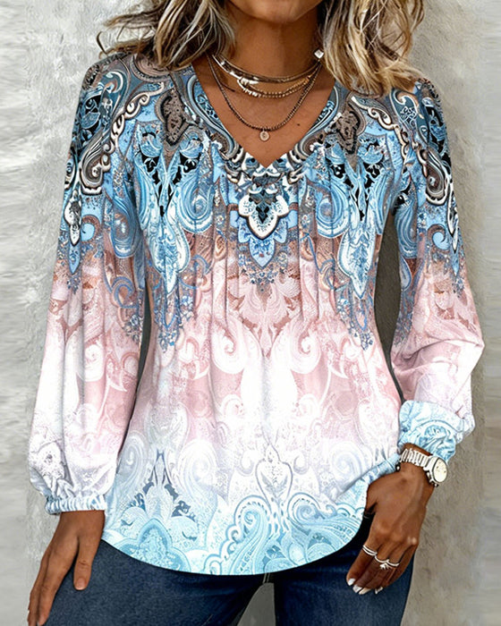 Lantern Sleeve V-Neck Printed Top