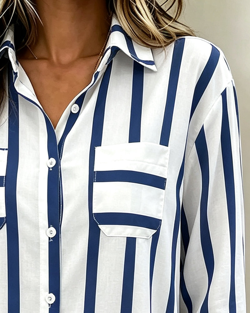 Lapel Striped Button-Down Blouse