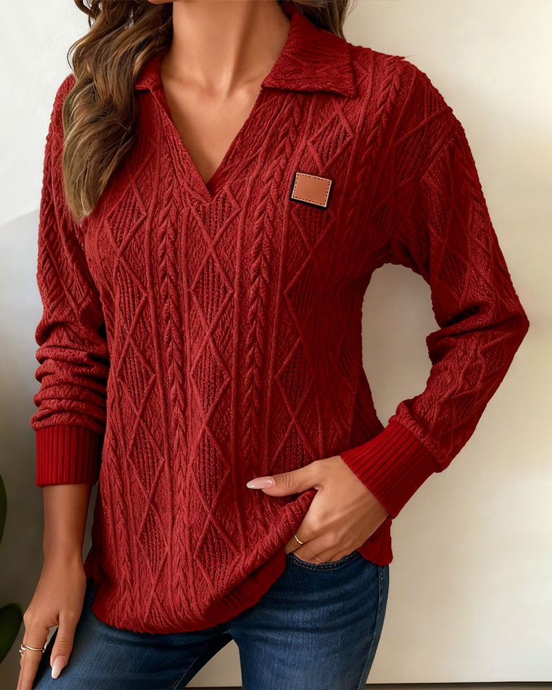 Polo Collar Jacquard Casual Sweatshirt