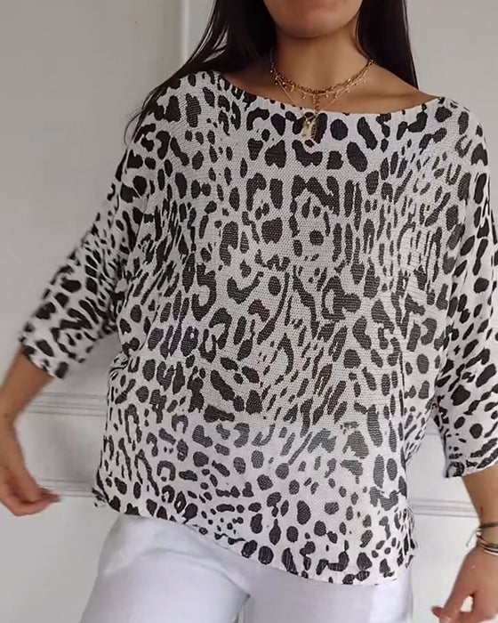 Three-Quarter Sleeve Leopard Print Loose Sweater