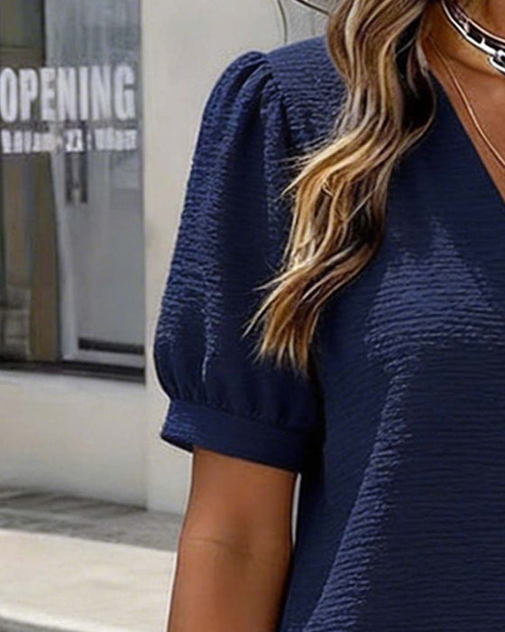 Bubble Sleeve V-Neck Button Dress