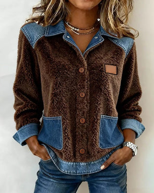 Stylish Denim Color-Blocked Warm Jacket