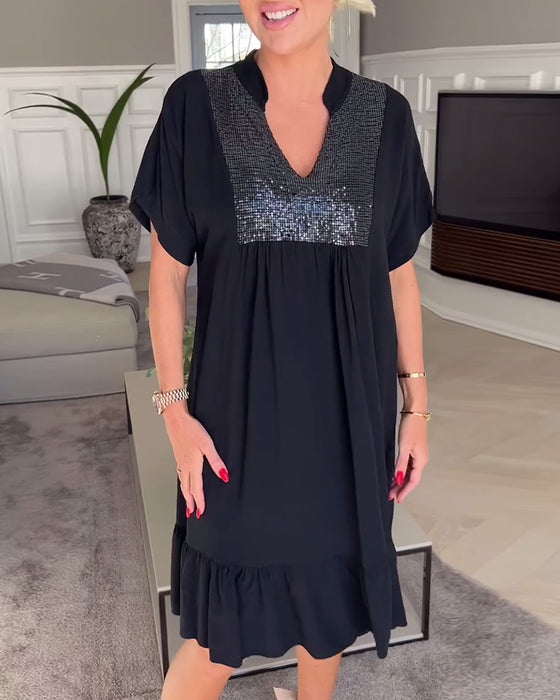 V-neck loose pleated dress