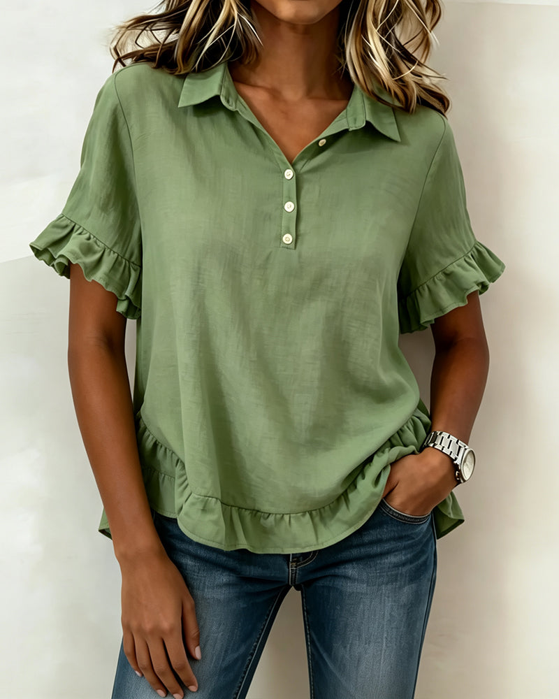 Lapel Half Placket Ruffle Sleeve Blouse