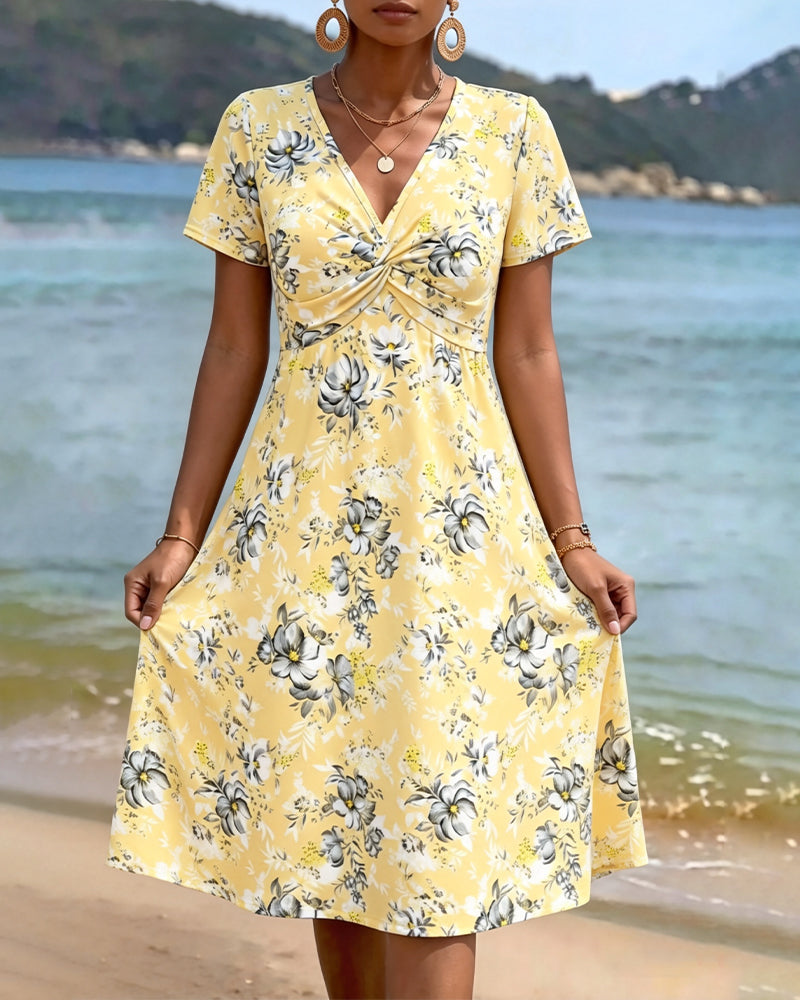 Floral V-Neck Twist Knot Dress