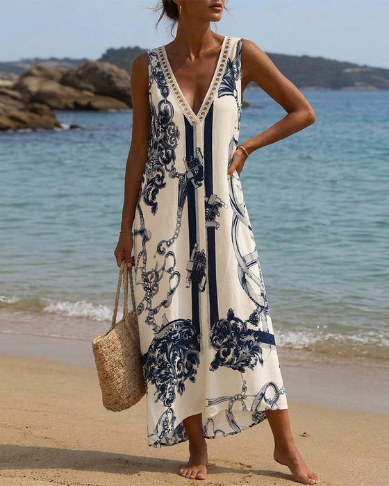 V-Neck Sleeveless Printed Dress