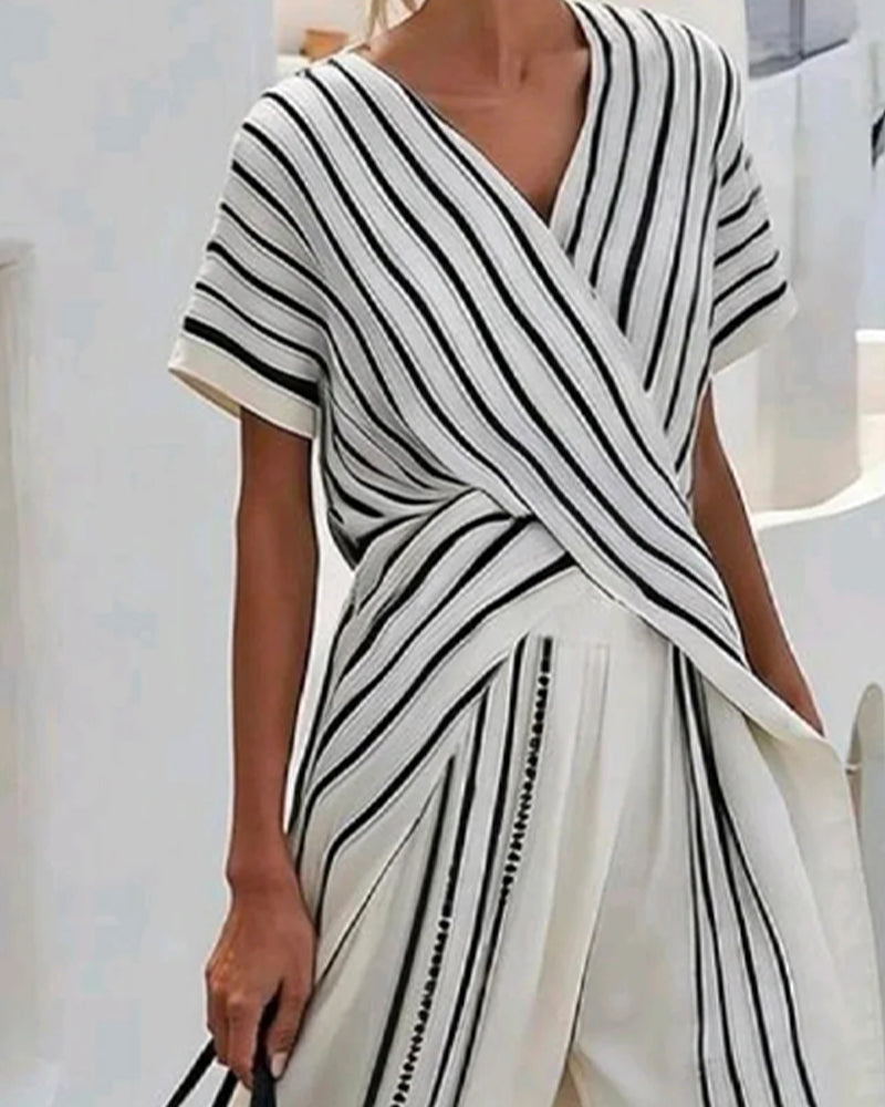 V-Neck Cross Stripe Wide-Leg Set