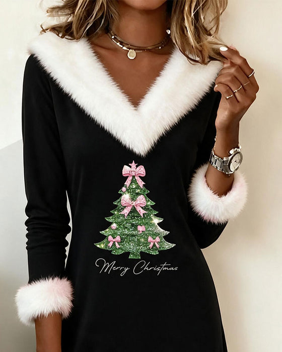 V-Neck Faux Fur Collar Slim-Fit Christmas Tree Dress
