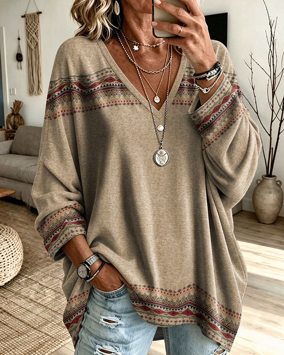 V-Neck Printed Contrasting Long-Sleeved Loose Top