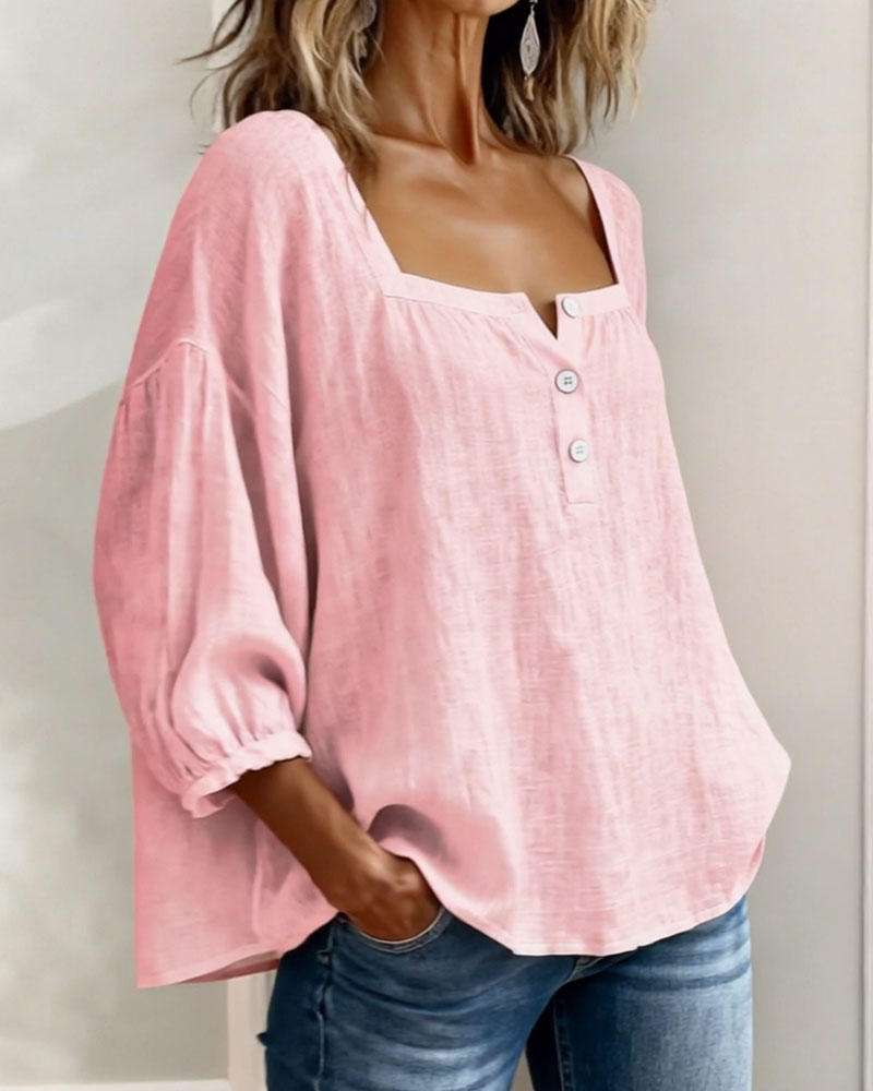 Simple Square Neck Long Sleeve Blouse