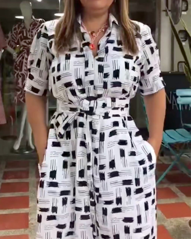 Geometric Line Waist-Cinching Dress