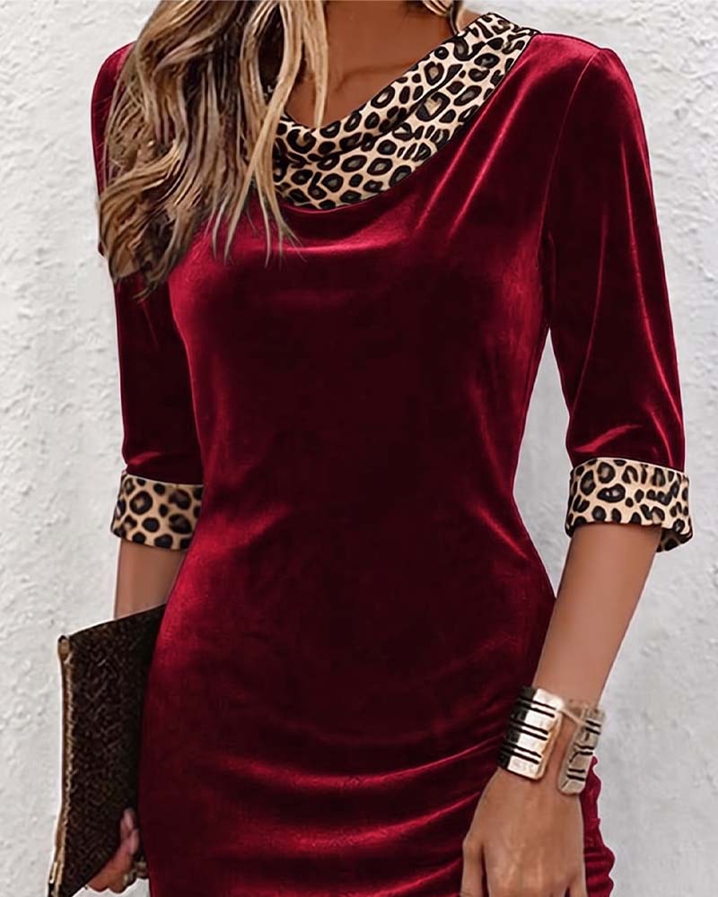 Draped Cowl Neck Leopard Print Half Sleeve Fitted Dress