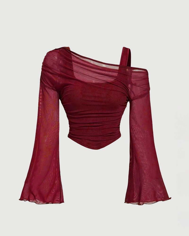 Mesh Ruffled Long Sleeve Cami Blouse