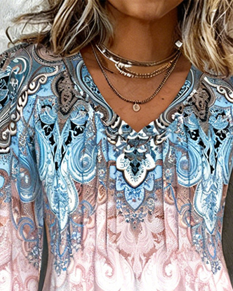 Lantern Sleeve V-Neck Printed Top