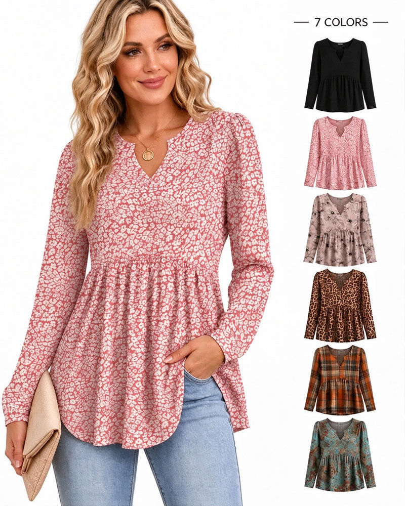 V-Neck Shirred Print Irregular Top
