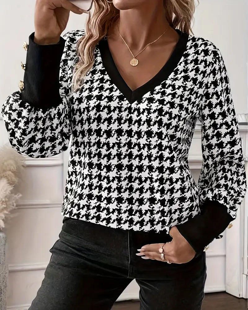 V-Neck Houndstooth Sweatshirt