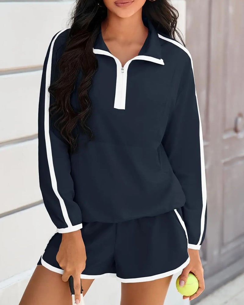 Zipper-Drawstring Color-Block Casual Set