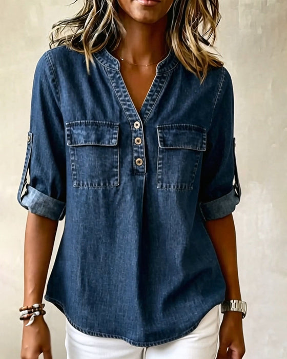 Denim V-Neck Casual Blouse