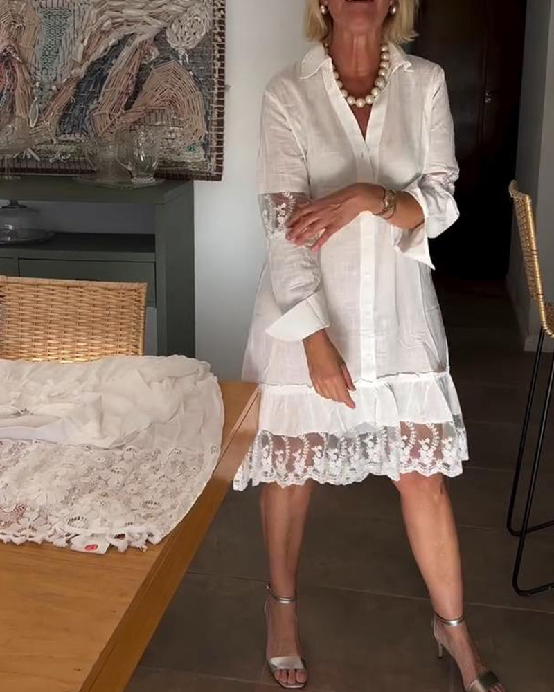 Lace-Trimmed Collared Shirt Dress