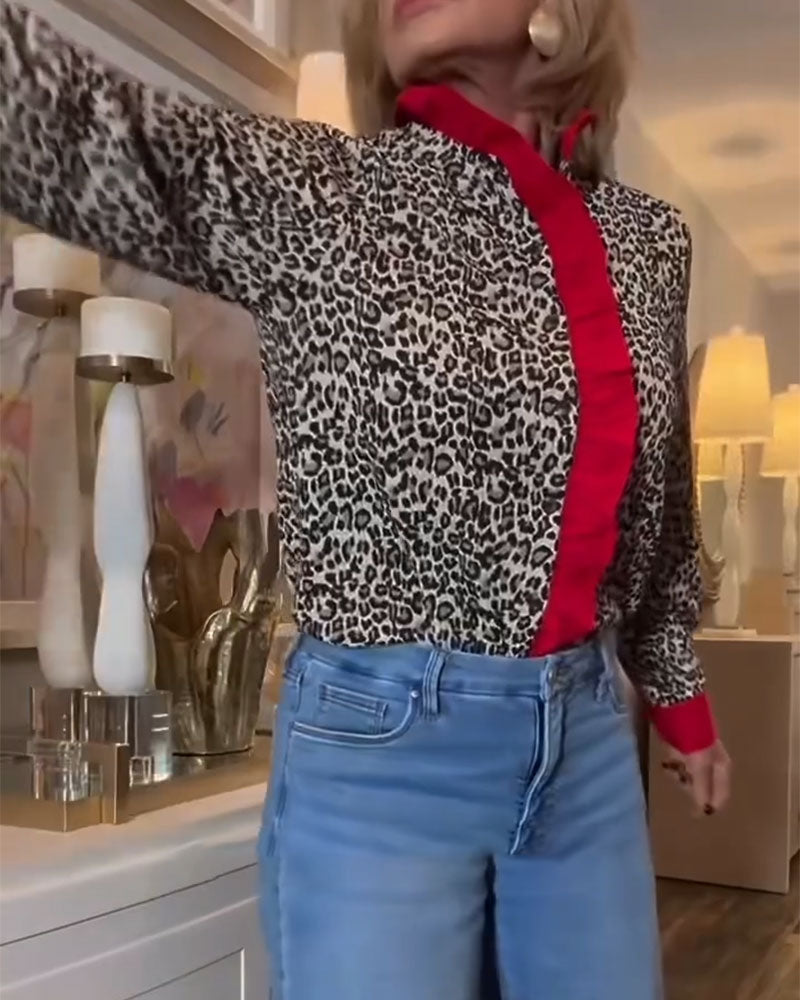 Ruffled Leopard Print Color-Blocked Blouse
