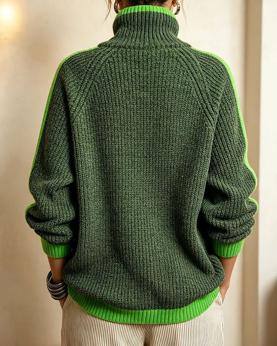 Turtleneck Contrast Raglan Sleeve Pullover