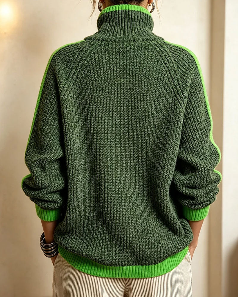 Turtleneck Contrast Raglan Sleeve Pullover