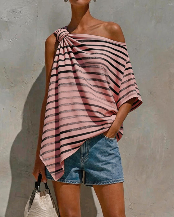 Striped One-Shoulder Twist Knot Blouse