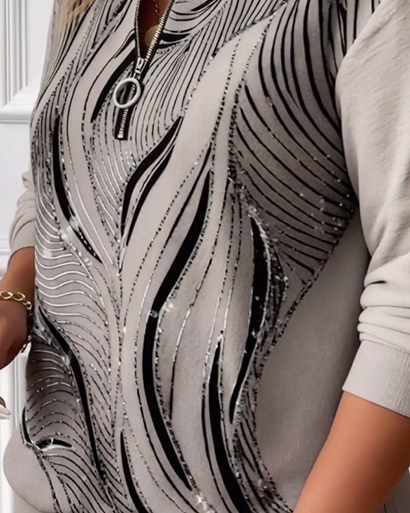 Plus Size Half-Zip Casual Printed Sweatshirt