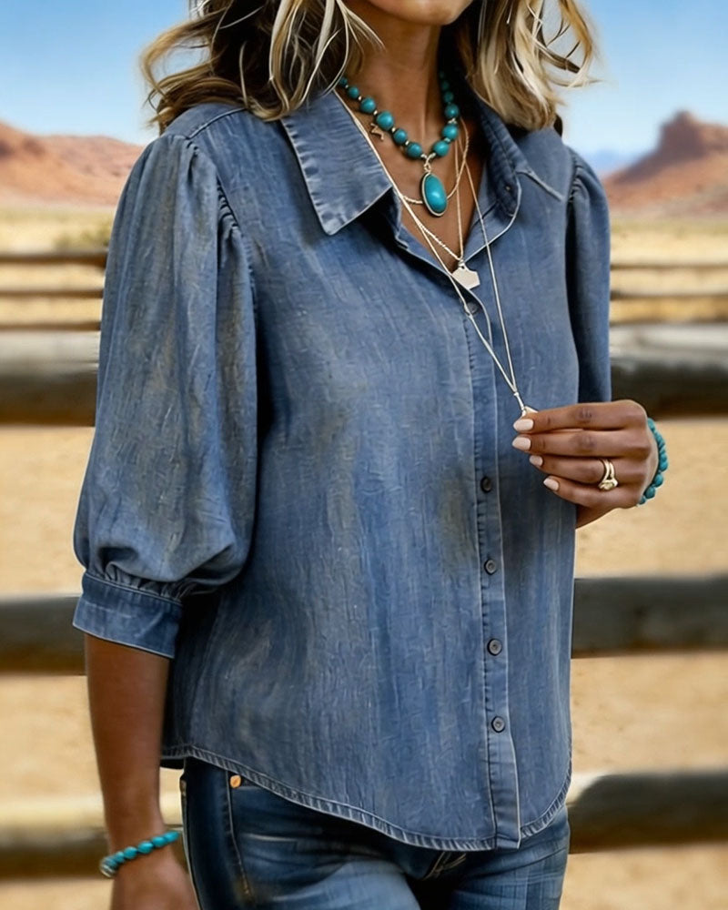 Bubble Short-Sleeved Denim Shirt