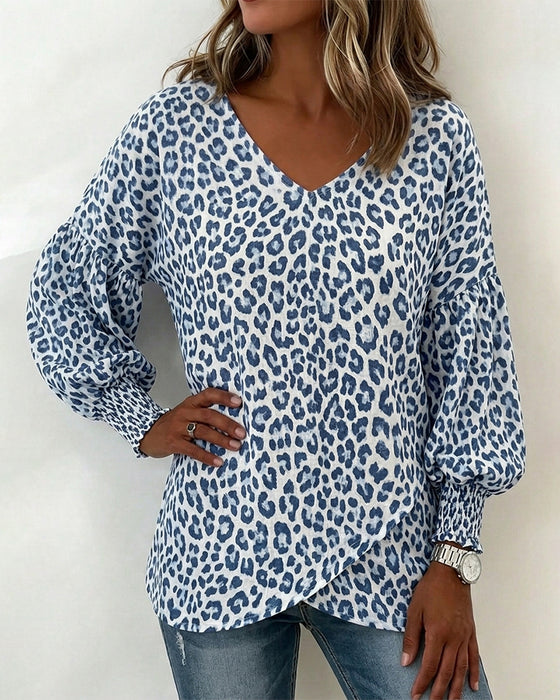 Leopard Lantern-Sleeve V-Neck Top