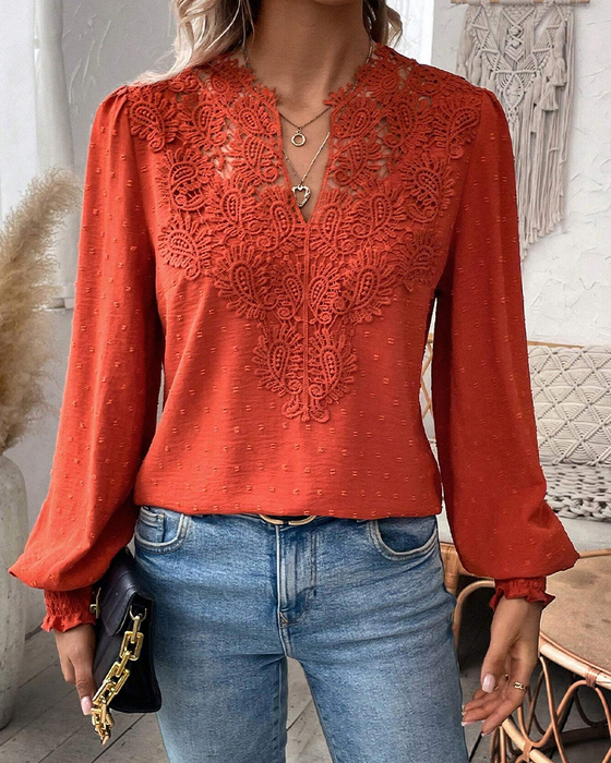 V-Neck Lace Jacquard Blouse