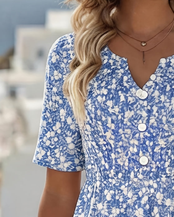 V-Neck Short-Sleeved Floral Dress