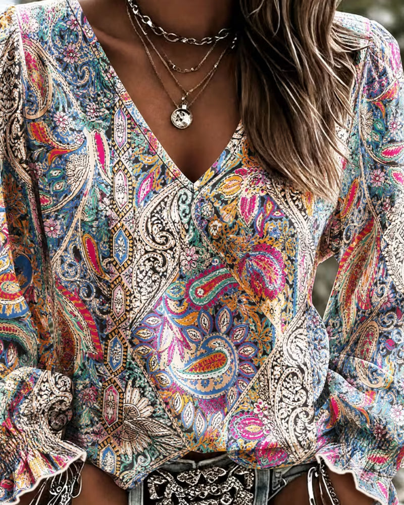 V-Neck Bohemian Bubble Sleeve Blouse