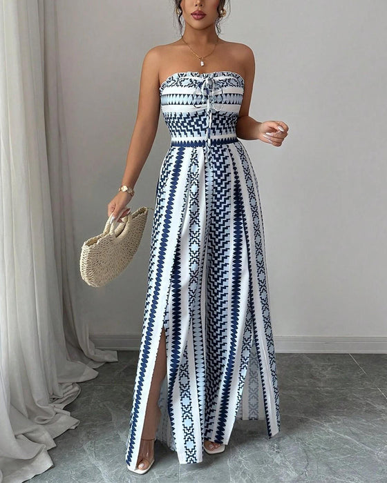 Geometric Bandeau Slit Wide Leg Jumpsuit