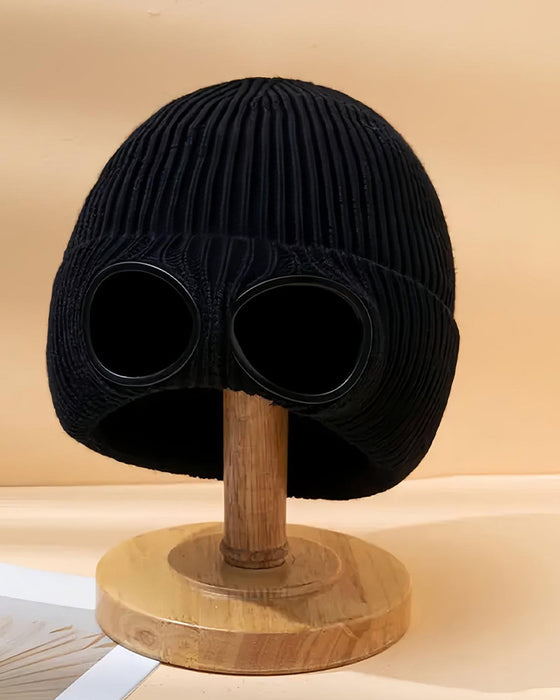 Unisex Solid Color Goggle Lens Design Beanie Hat